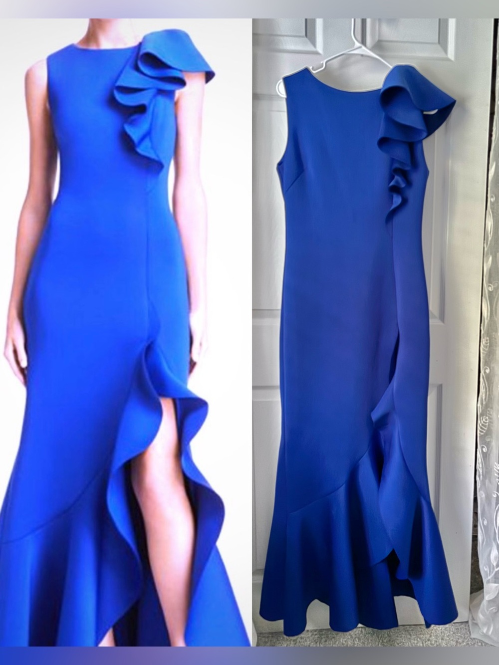 Eliza J Ruffled Slit Long Dress in royal blue formal cocktail party event sz 14